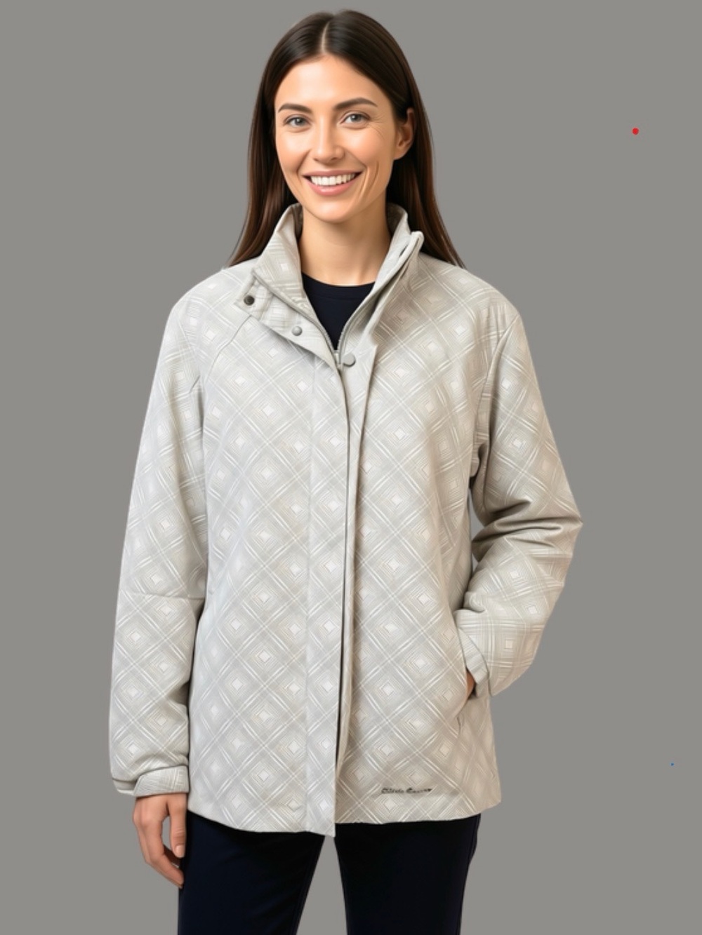 Eddie Bauer Light Gray Pearl Plaid Women's Raincoat - Classic Lightweight Jacket